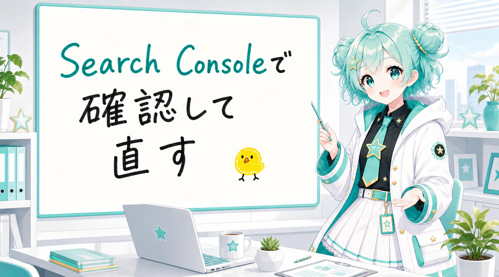 「Search Consoleで確認して直す」と手書きされたホワイトボードを指す公式キャラクターと、ひよこの落書き