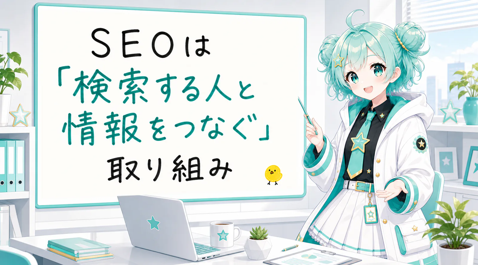 「SEOは『検索する人と情報をつなぐ』取り組み」と手書きされたホワイトボードを指す公式キャラクターと、ひよこの落書き