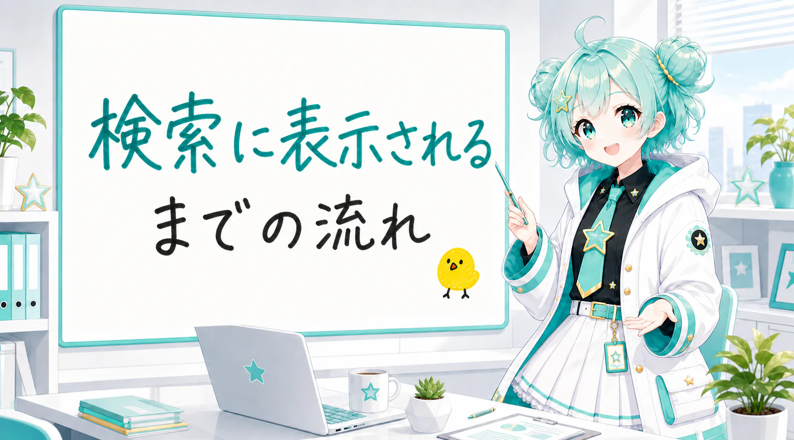 「検索に表示されるまでの流れ」と手書きされたホワイトボードを指す公式キャラクターと、ひよこの落書き