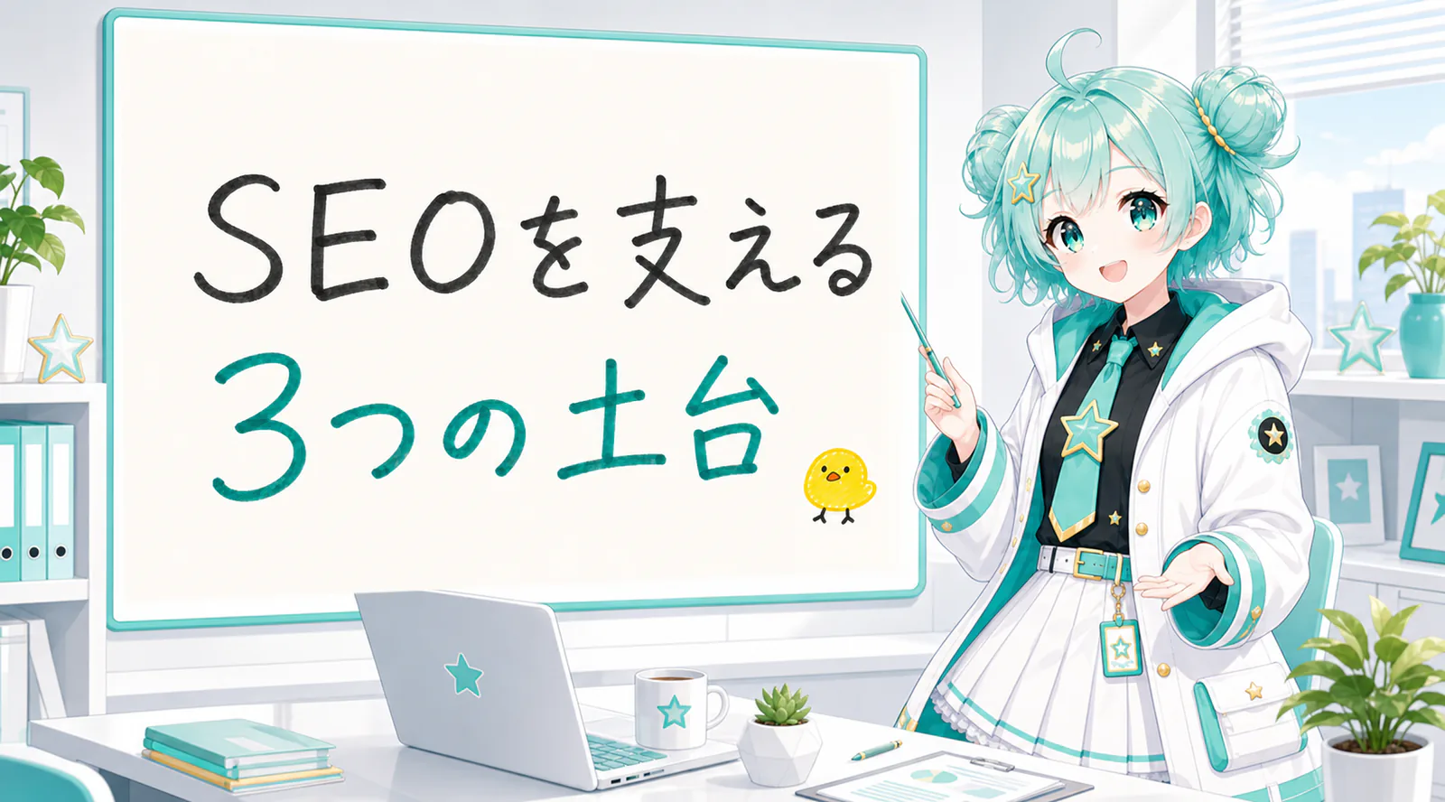 「SEOを支える3つの土台」と手書きされたホワイトボードを指す公式キャラクターと、ひよこの落書き