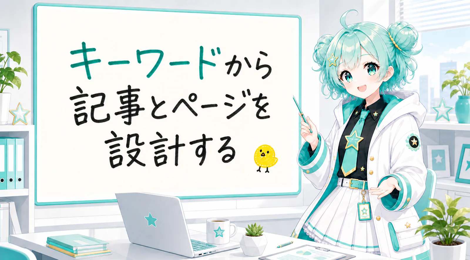 「キーワードから記事とページを設計する」と手書きされたホワイトボードを指す公式キャラクターと、ひよこの落書き