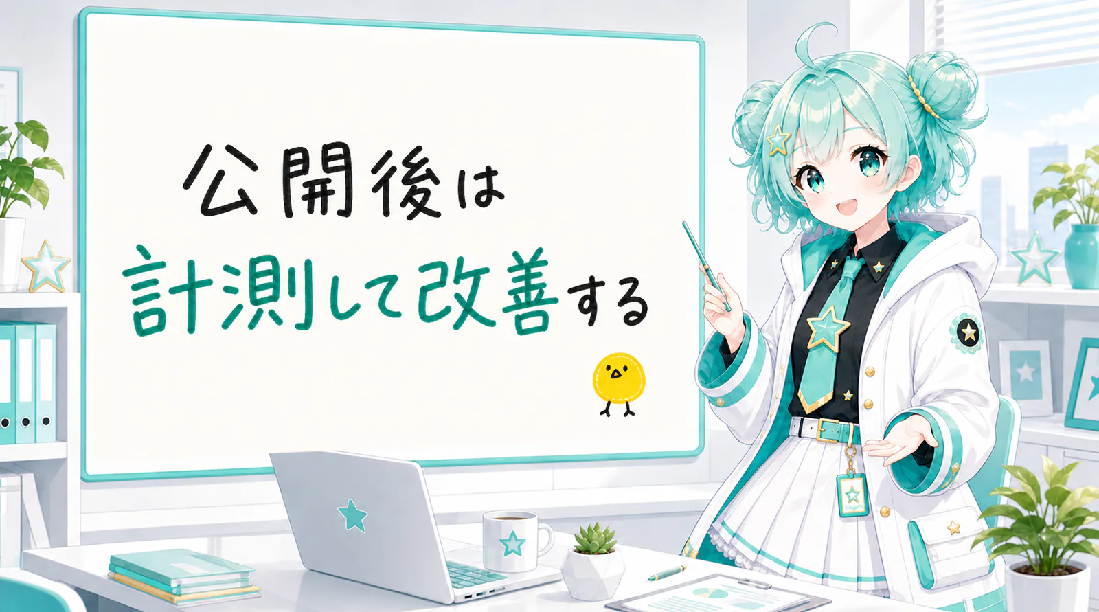 「公開後は計測して改善する」と手書きされたホワイトボードを指す公式キャラクターと、ひよこの落書き