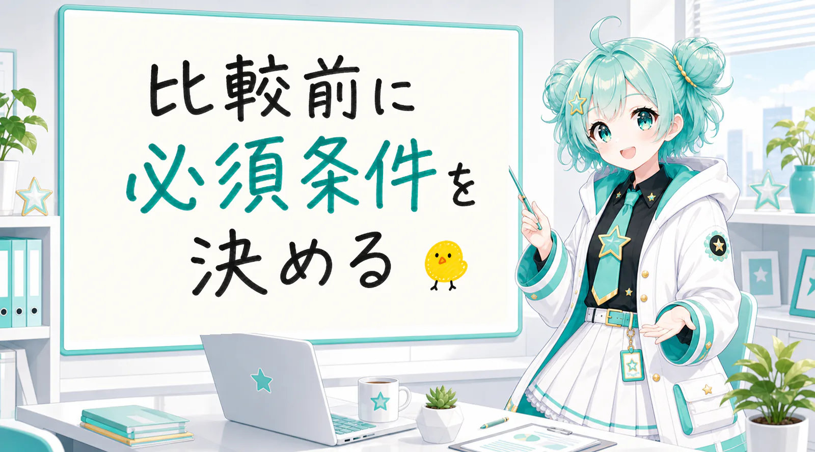 「比較前に必須条件を決める」と手書きされたホワイトボードを指す公式キャラクターと、ひよこの落書き