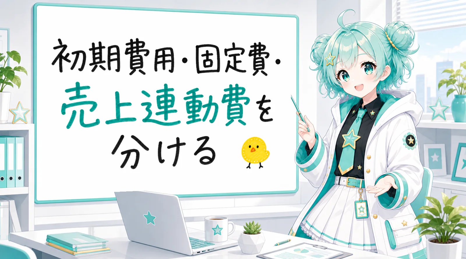 「初期費用・固定費・売上連動費を分ける」と手書きされたホワイトボードを指す公式キャラクターと、ひよこの落書き
