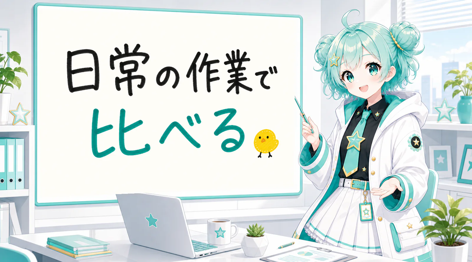 「日常の作業で比べる」と手書きされたホワイトボードを指す公式キャラクターと、ひよこの落書き