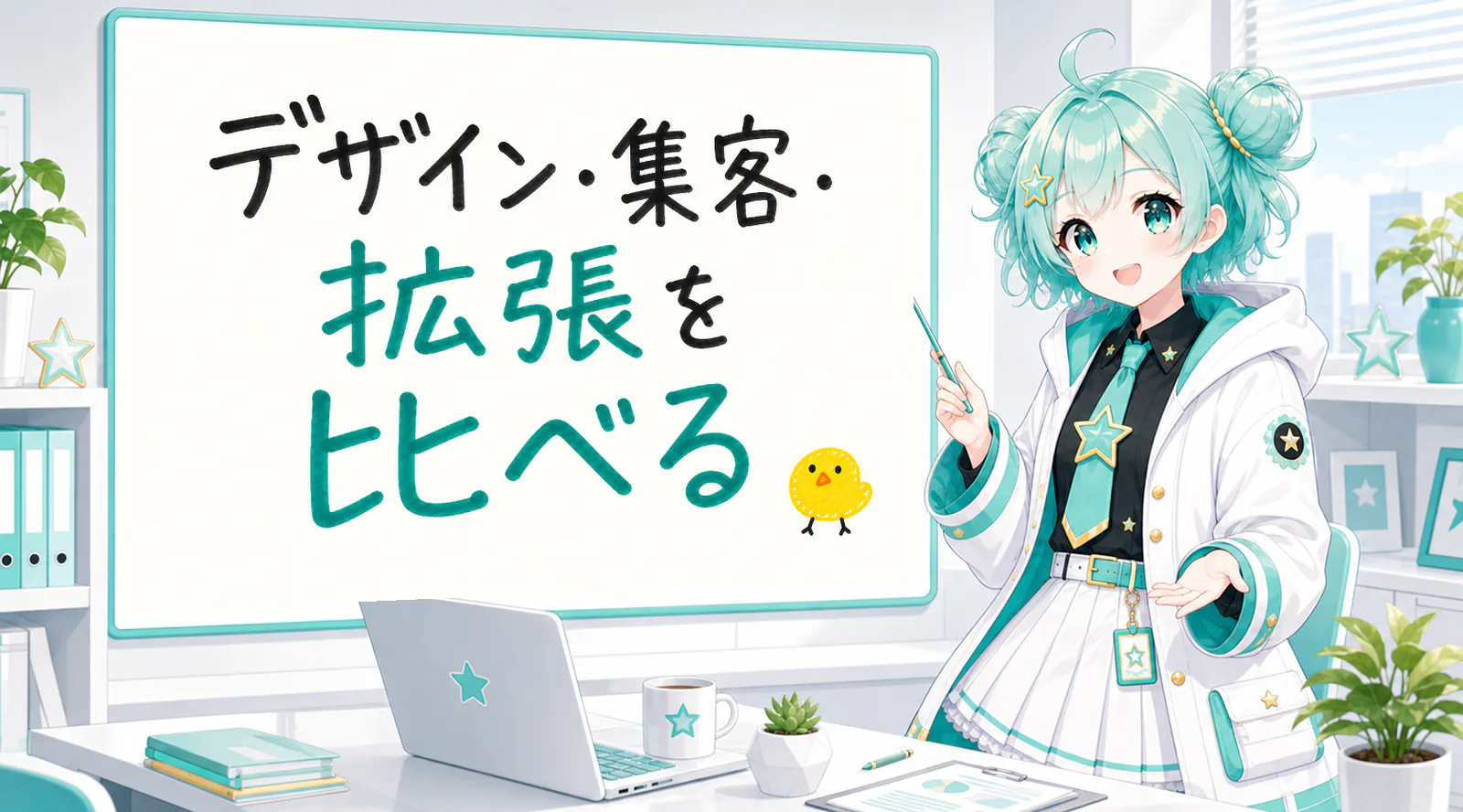 「デザイン・集客・拡張を比べる」と手書きされたホワイトボードを指す公式キャラクターと、ひよこの落書き