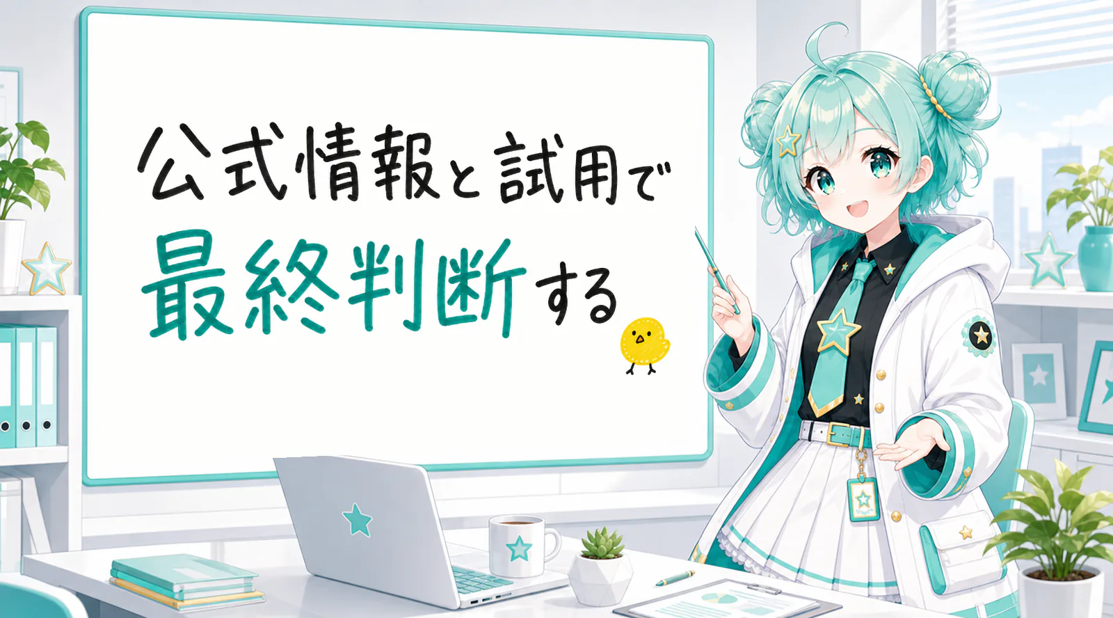 「公式情報と試用で最終判断する」と手書きされたホワイトボードを指す公式キャラクターと、ひよこの落書き