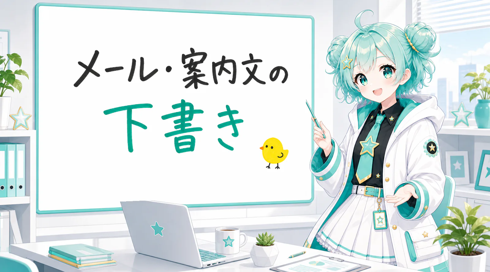 「メール・案内文の下書き」と手書きされたホワイトボードを指す公式キャラクターと、ひよこの落書き
