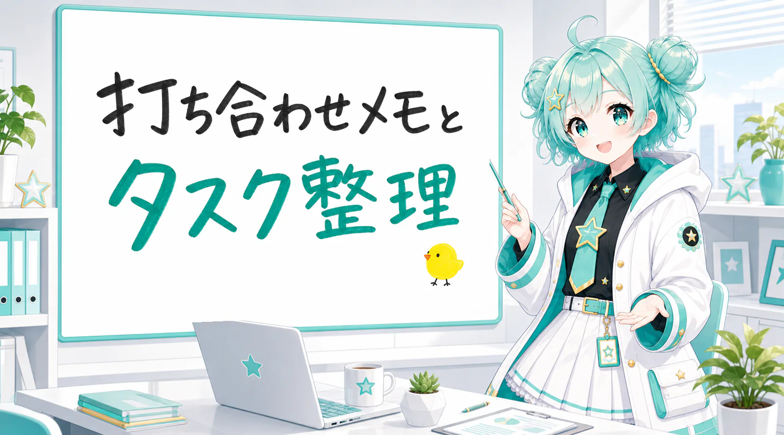 「打ち合わせメモとタスク整理」と手書きされたホワイトボードを指す公式キャラクターと、ひよこの落書き