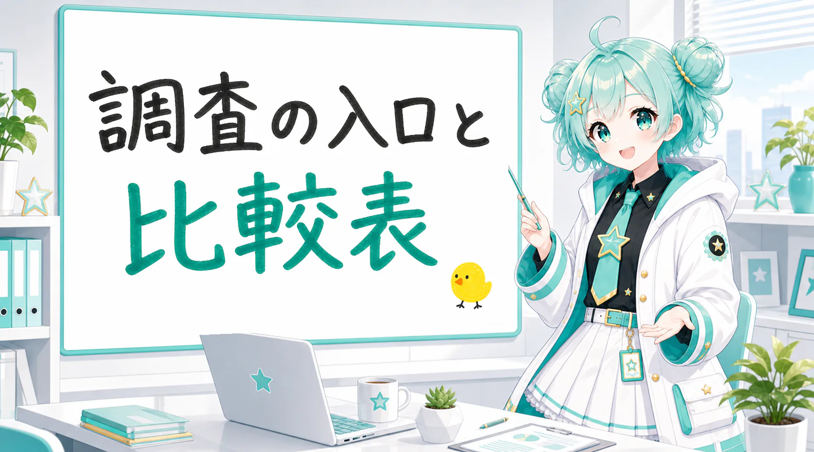 「調査の入口と比較表」と手書きされたホワイトボードを指す公式キャラクターと、ひよこの落書き