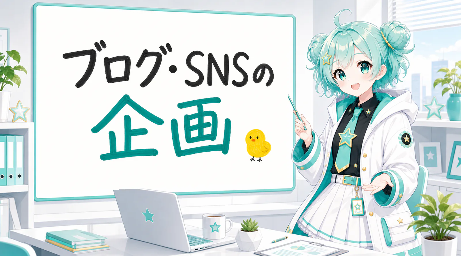 「ブログ・SNSの企画」と手書きされたホワイトボードを指す公式キャラクターと、ひよこの落書き