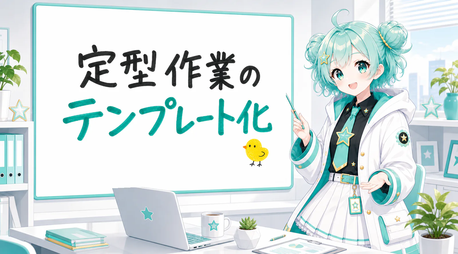 「定型作業のテンプレート化」と手書きされたホワイトボードを指す公式キャラクターと、ひよこの落書き