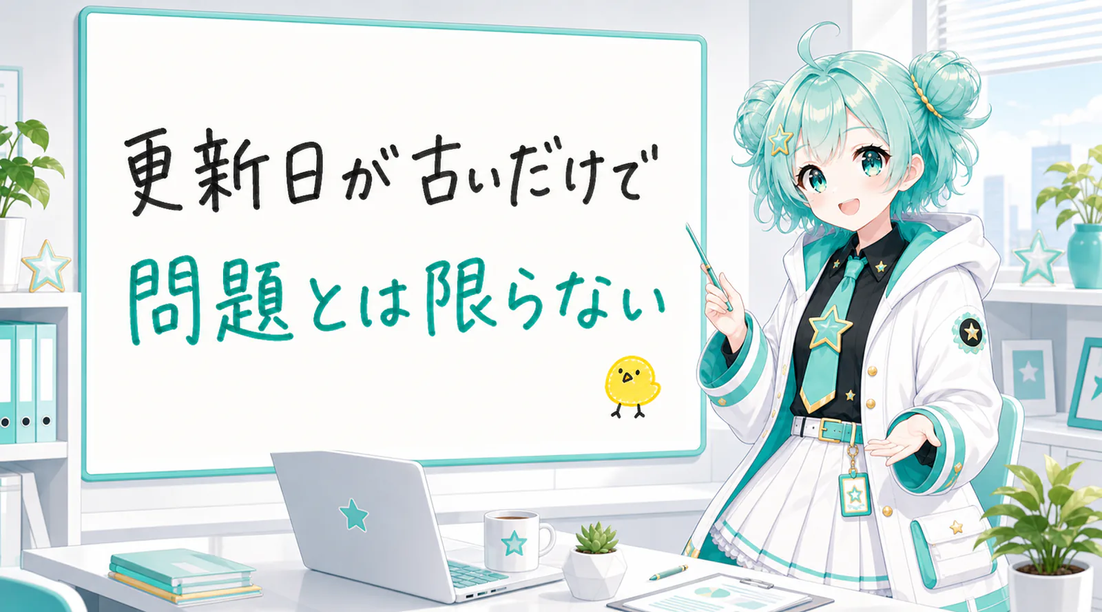 「更新日が古いだけで問題とは限らない」と手書きされたホワイトボードを指す公式キャラクターと、ひよこの落書き