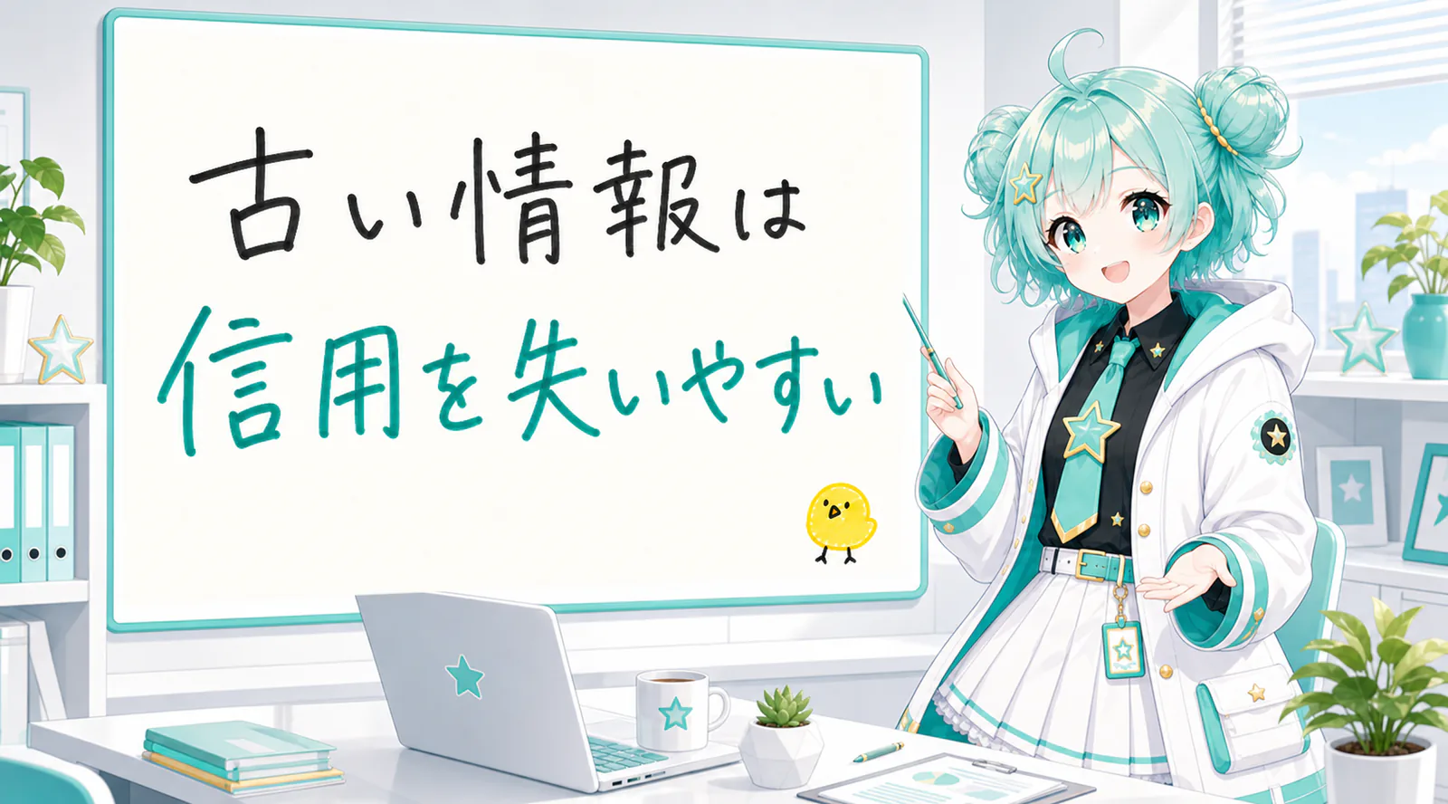 「古い情報は信用を失いやすい」と手書きされたホワイトボードを指す公式キャラクターと、ひよこの落書き