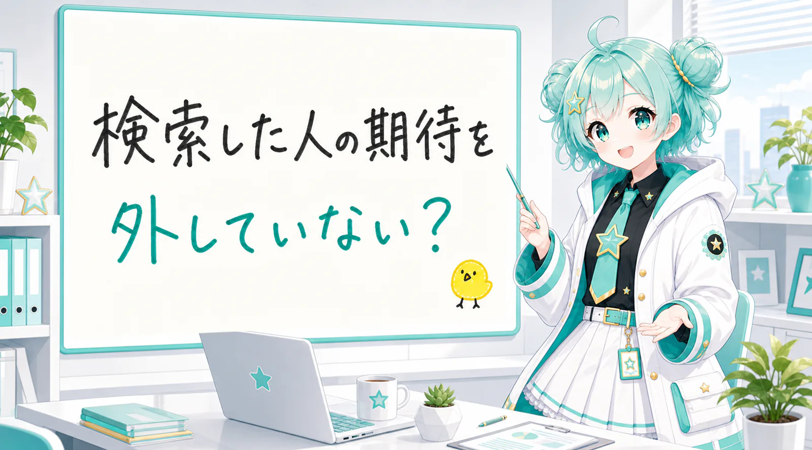 「検索した人の期待を外していない?」と手書きされたホワイトボードを指す公式キャラクターと、ひよこの落書き