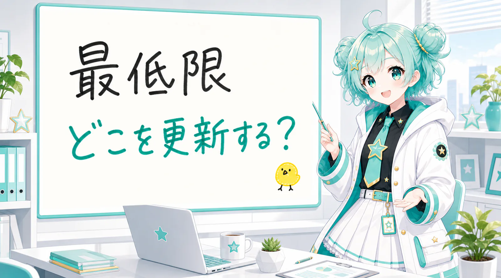 「最低限どこを更新する?」と手書きされたホワイトボードを指す公式キャラクターと、ひよこの落書き
