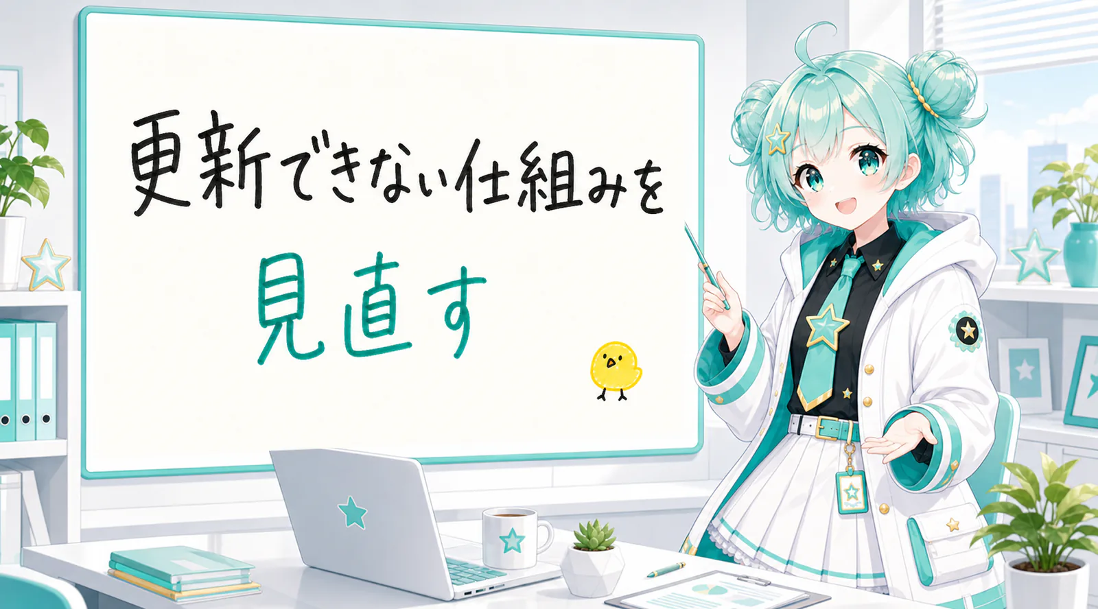 「更新できない仕組みを見直す」と手書きされたホワイトボードを指す公式キャラクターと、ひよこの落書き