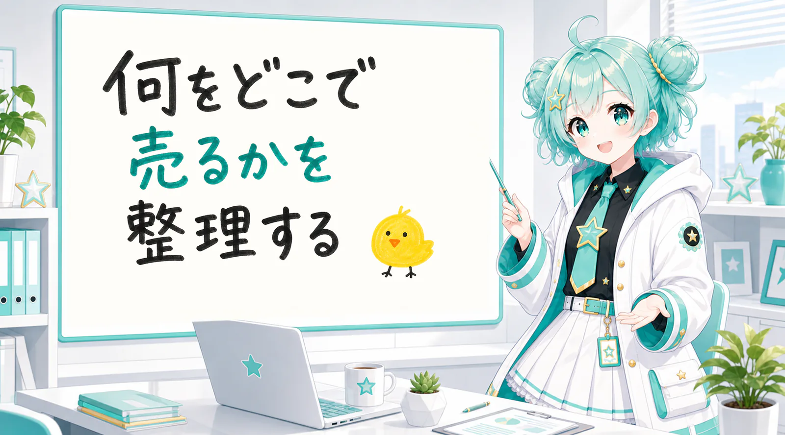「何をどこで売るかを整理する」と手書きされたホワイトボードを指す公式キャラクターと、ひよこの落書き