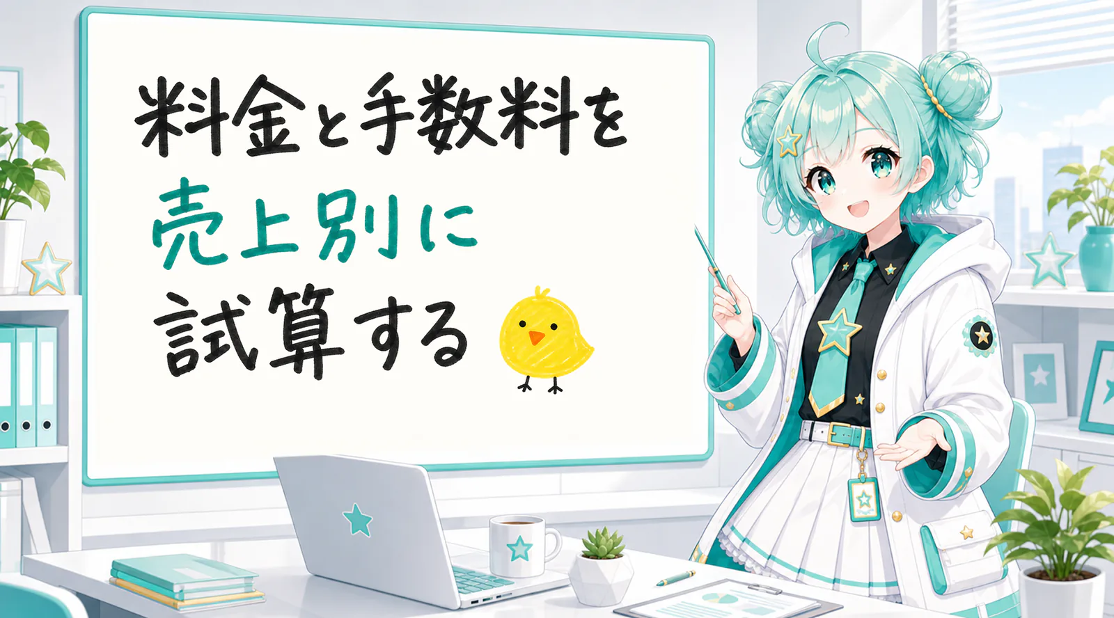 「料金と手数料を売上別に試算する」と手書きされたホワイトボードを指す公式キャラクターと、ひよこの落書き
