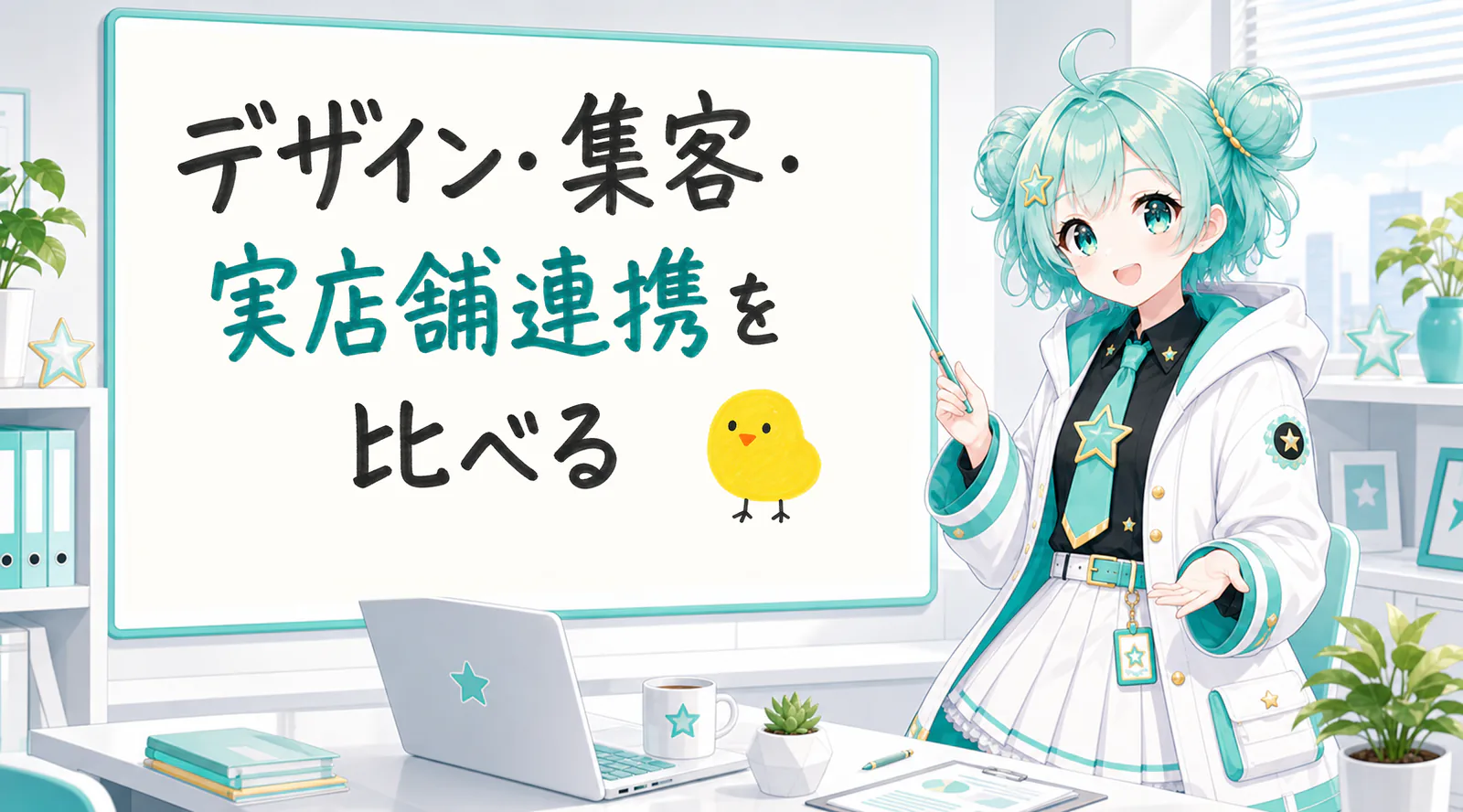 「デザイン・集客・実店舗連携を比べる」と手書きされたホワイトボードを指す公式キャラクターと、ひよこの落書き