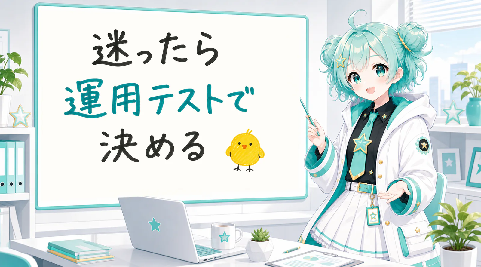 「迷ったら運用テストで決める」と手書きされたホワイトボードを指す公式キャラクターと、ひよこの落書き