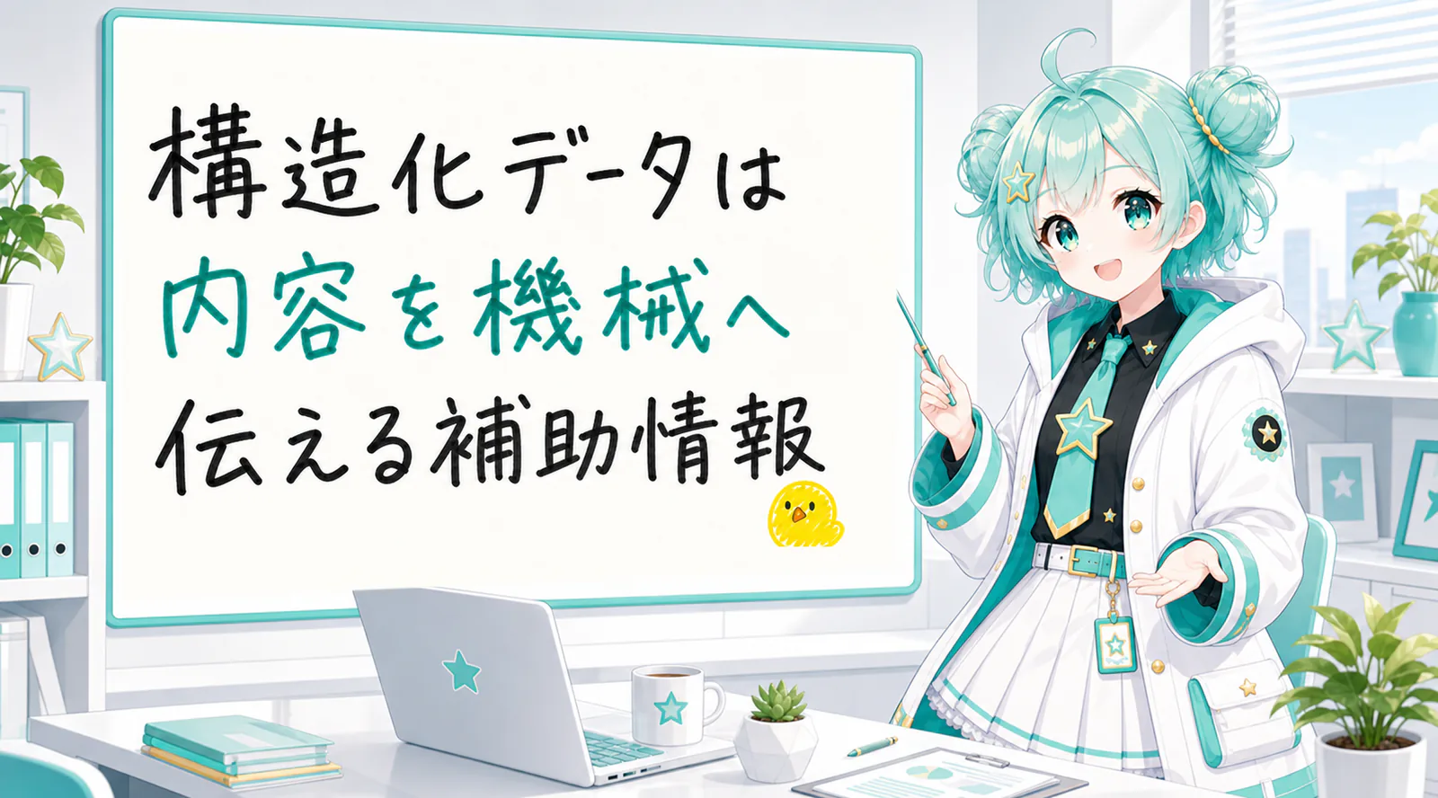 「構造化データは内容を機械へ伝える補助情報」と手書きされたホワイトボードを指す公式キャラクターと、ひよこの落書き