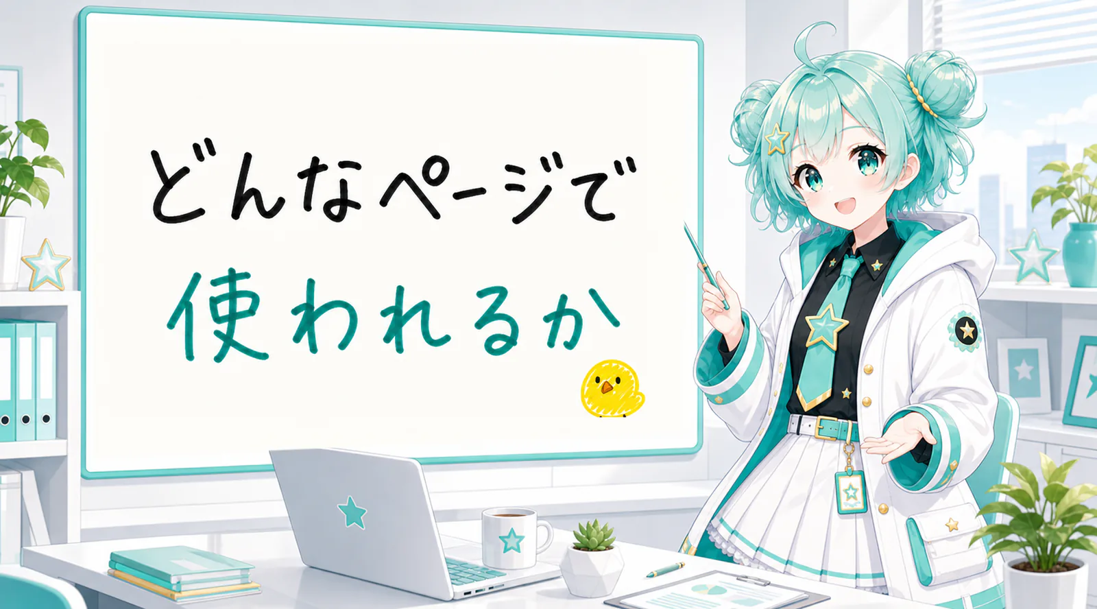 「どんなページで使われるか」と手書きされたホワイトボードを指す公式キャラクターと、ひよこの落書き