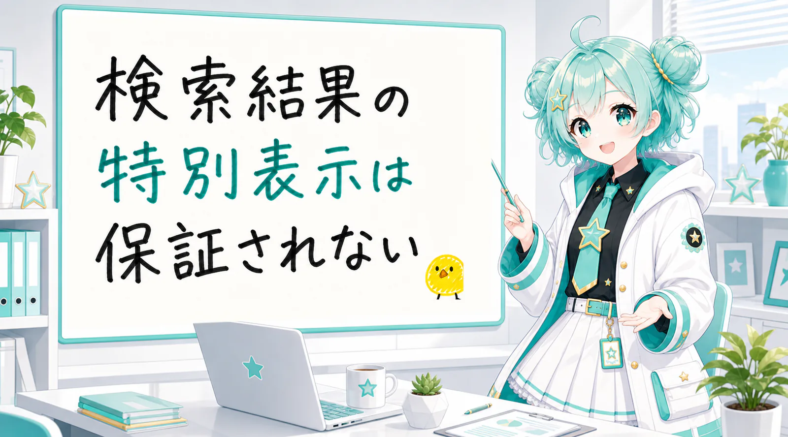 「検索結果の特別表示は保証されない」と手書きされたホワイトボードを指す公式キャラクターと、ひよこの落書き