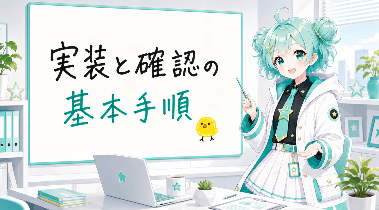 「実装と確認の基本手順」と手書きされたホワイトボードを指す公式キャラクターと、ひよこの落書き