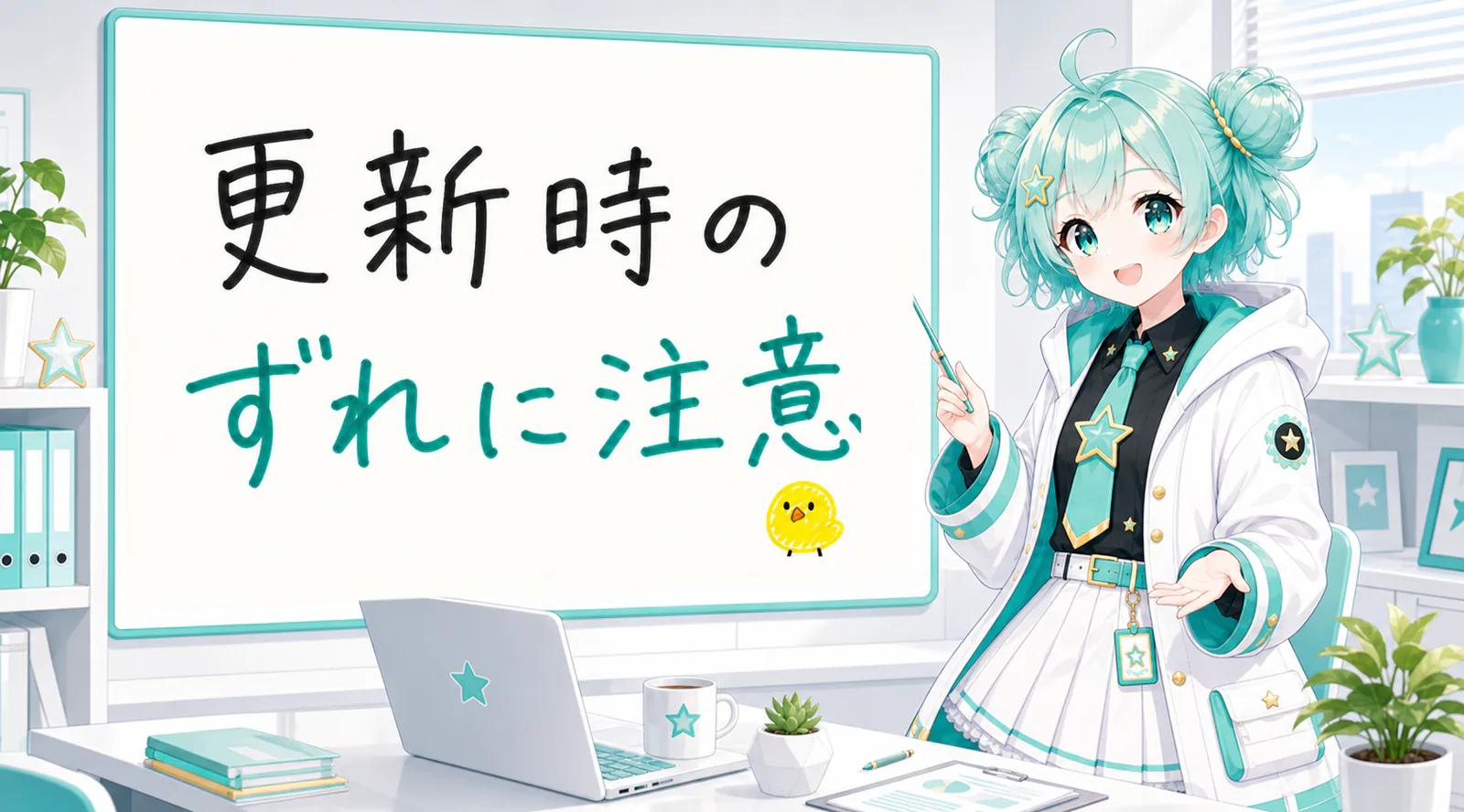 「更新時のずれに注意」と手書きされたホワイトボードを指す公式キャラクターと、ひよこの落書き