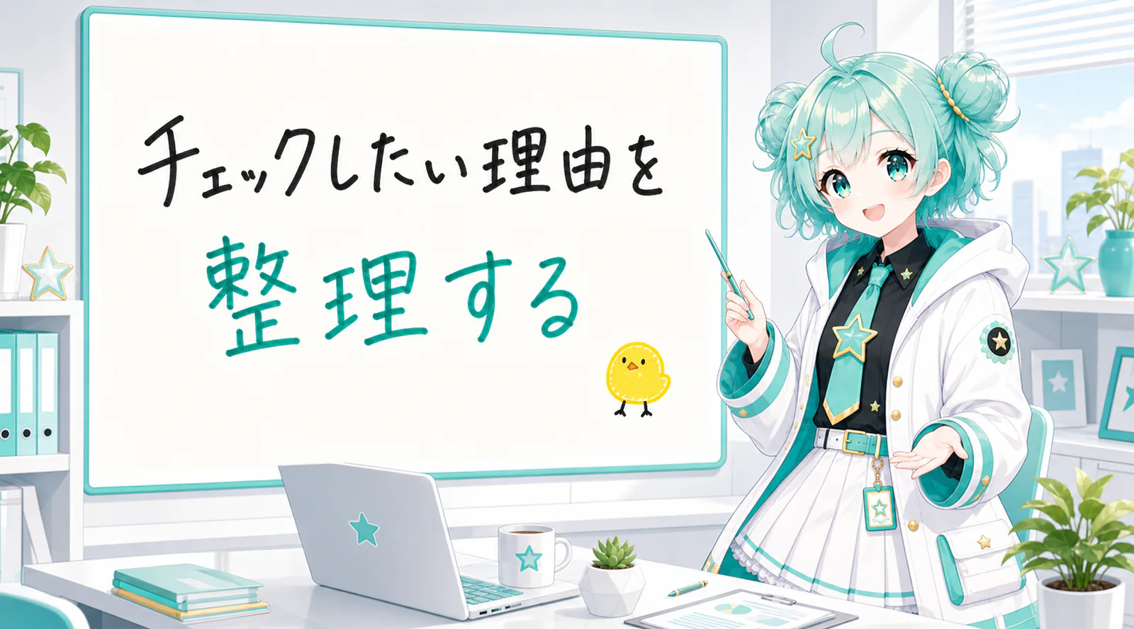 「チェックしたい理由を整理する」と手書きされたホワイトボードを指す公式キャラクターと、ひよこの落書き