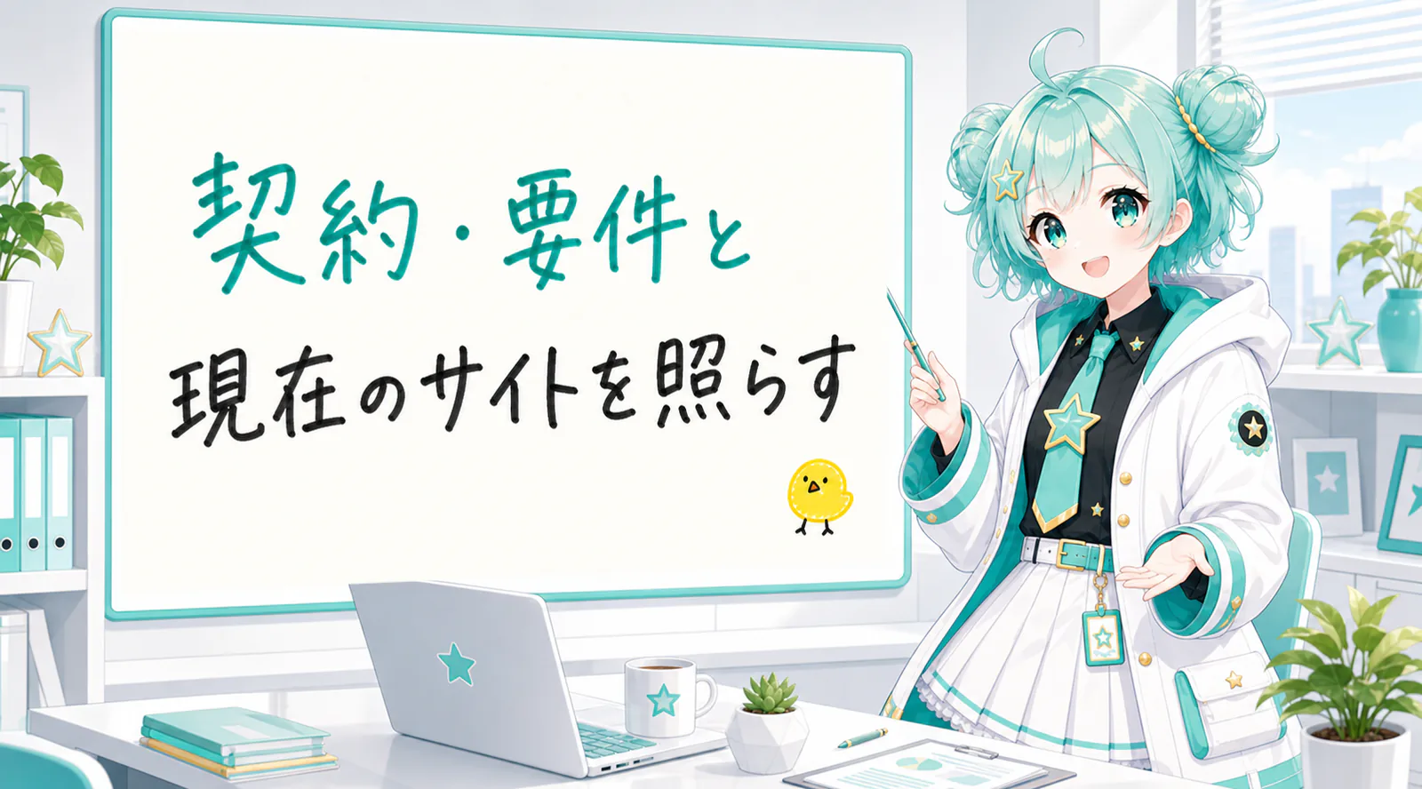 「契約・要件と現在のサイトを照らす」と手書きされたホワイトボードを指す公式キャラクターと、ひよこの落書き
