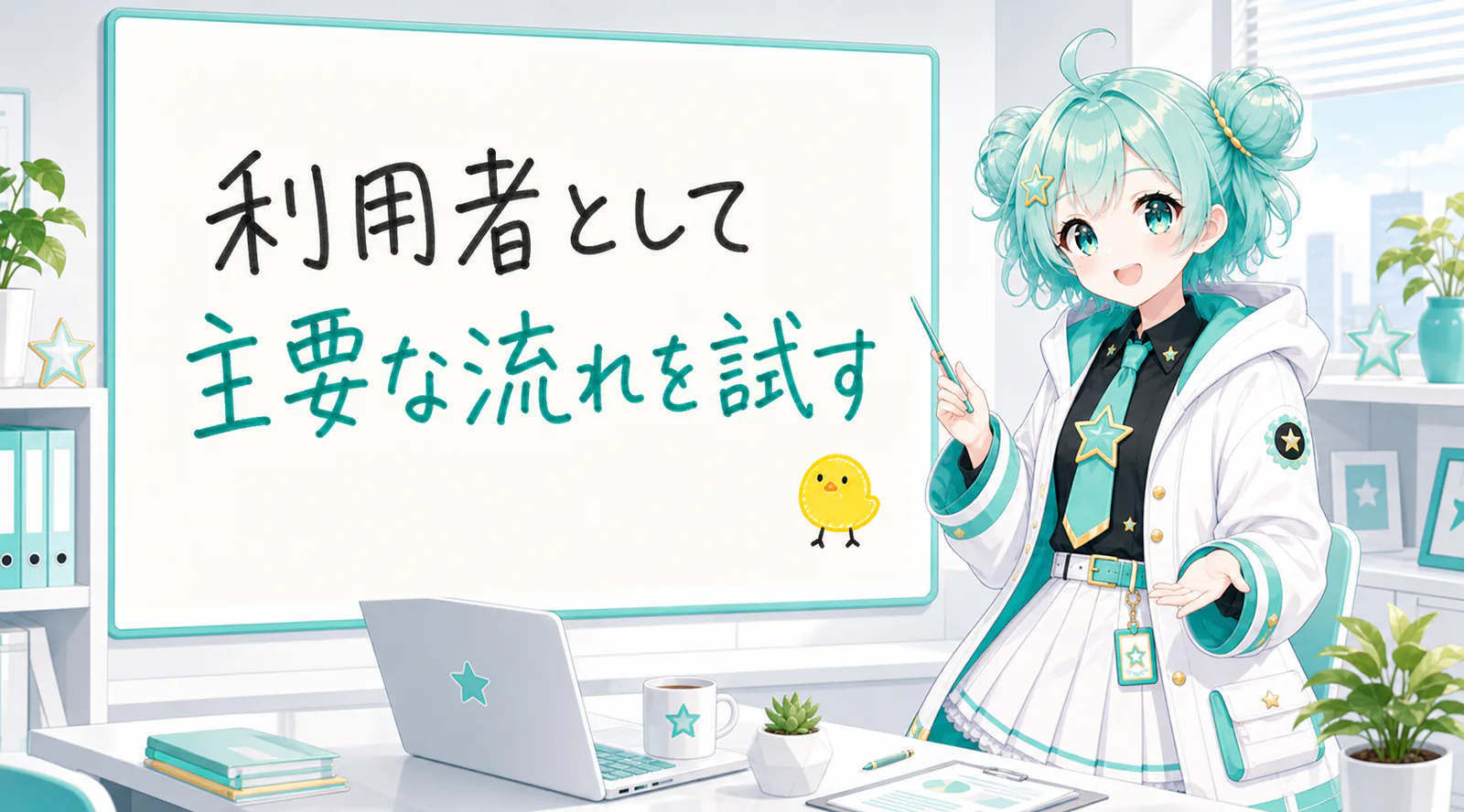 「利用者として主要な流れを試す」と手書きされたホワイトボードを指す公式キャラクターと、ひよこの落書き