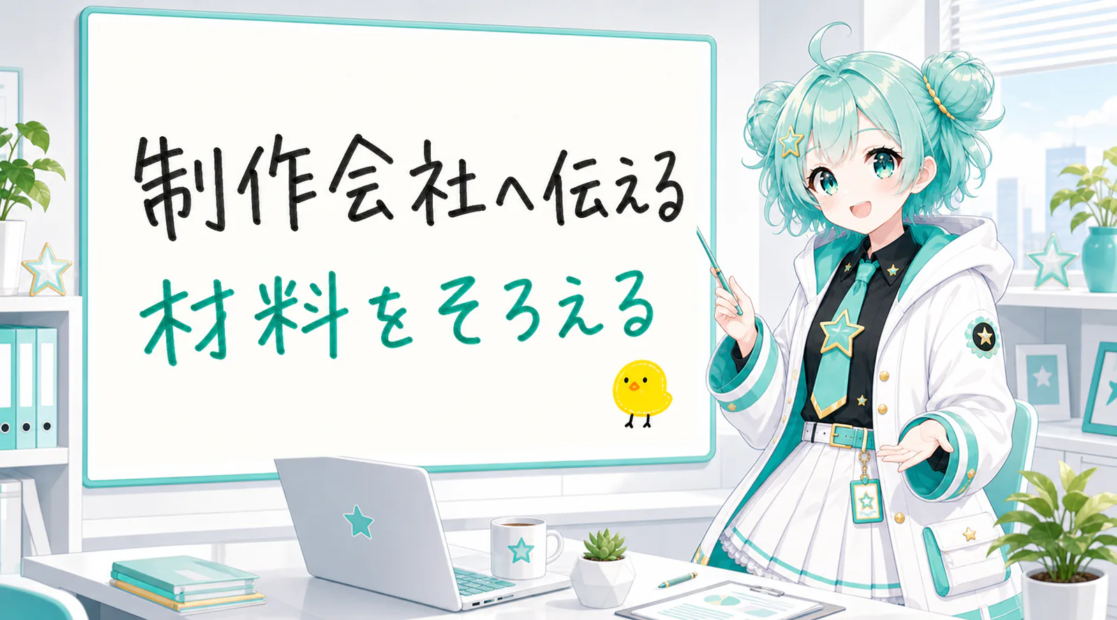 「制作会社へ伝える材料をそろえる」と手書きされたホワイトボードを指す公式キャラクターと、ひよこの落書き