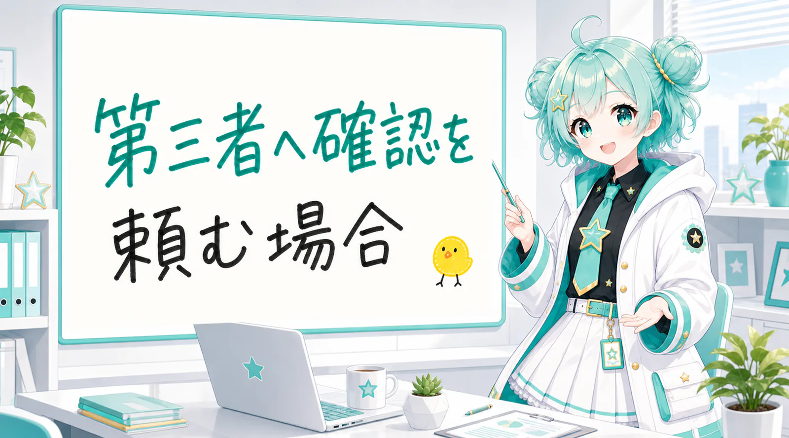 「第三者へ確認を頼む場合」と手書きされたホワイトボードを指す公式キャラクターと、ひよこの落書き