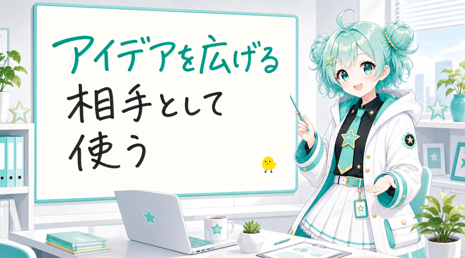 「アイデアを広げる相手として使う」と手書きされたホワイトボードを指す公式キャラクターと、ひよこの落書き