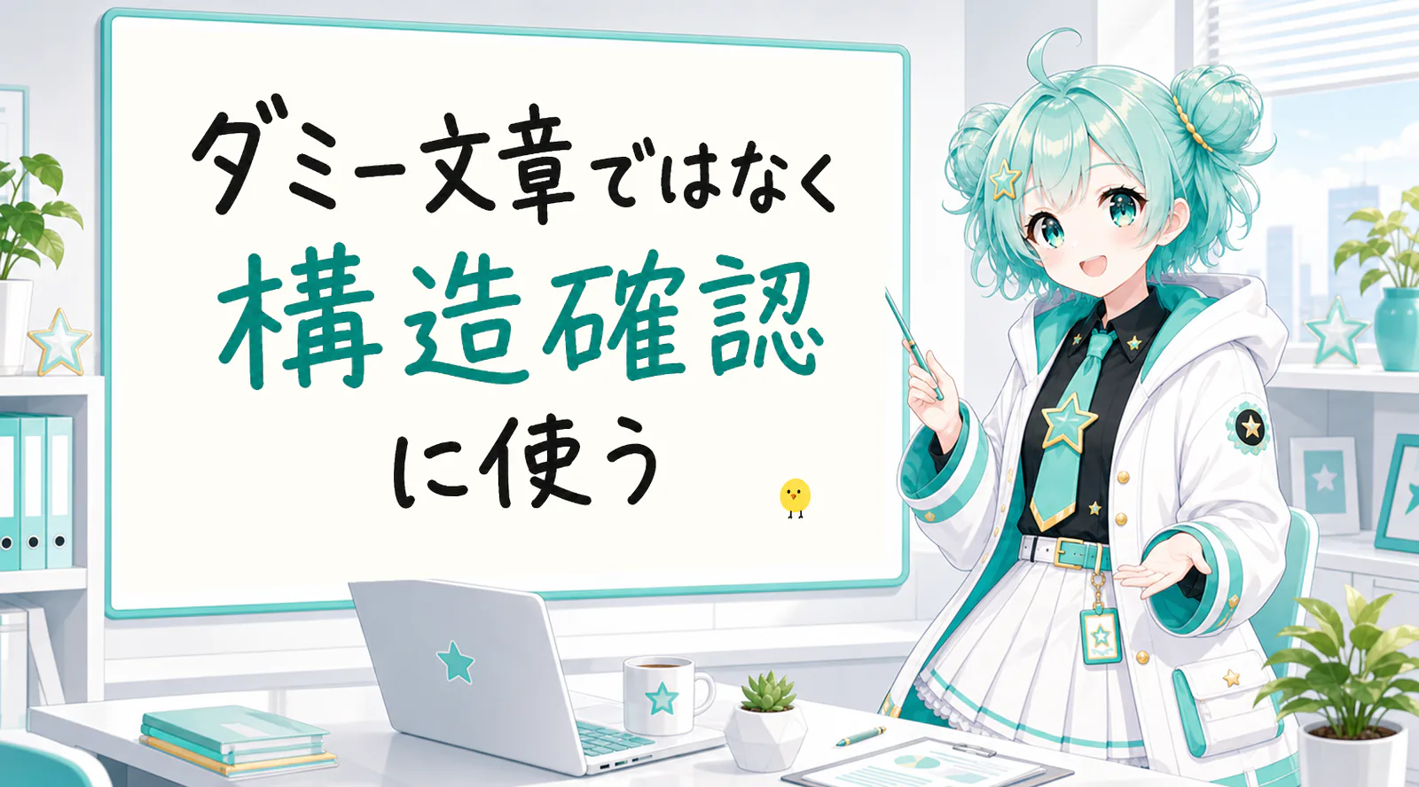 「ダミー文章ではなく構造確認に使う」と手書きされたホワイトボードを指す公式キャラクターと、ひよこの落書き