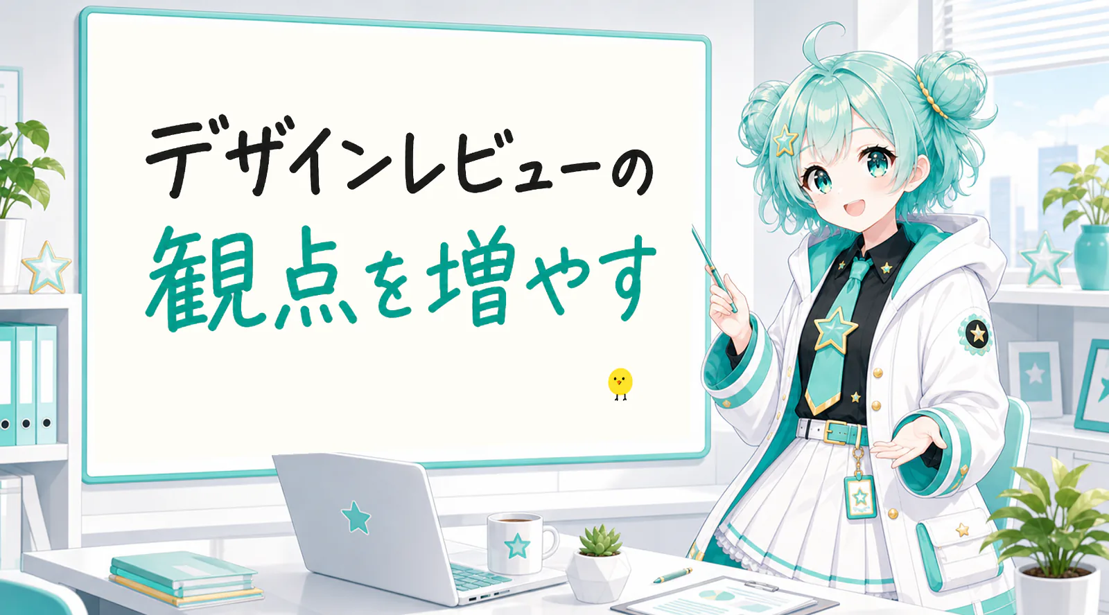 「デザインレビューの観点を増やす」と手書きされたホワイトボードを指す公式キャラクターと、ひよこの落書き