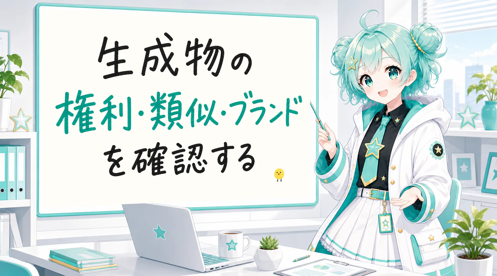 「生成物の権利・類似・ブランドを確認する」と手書きされたホワイトボードを指す公式キャラクターと、ひよこの落書き