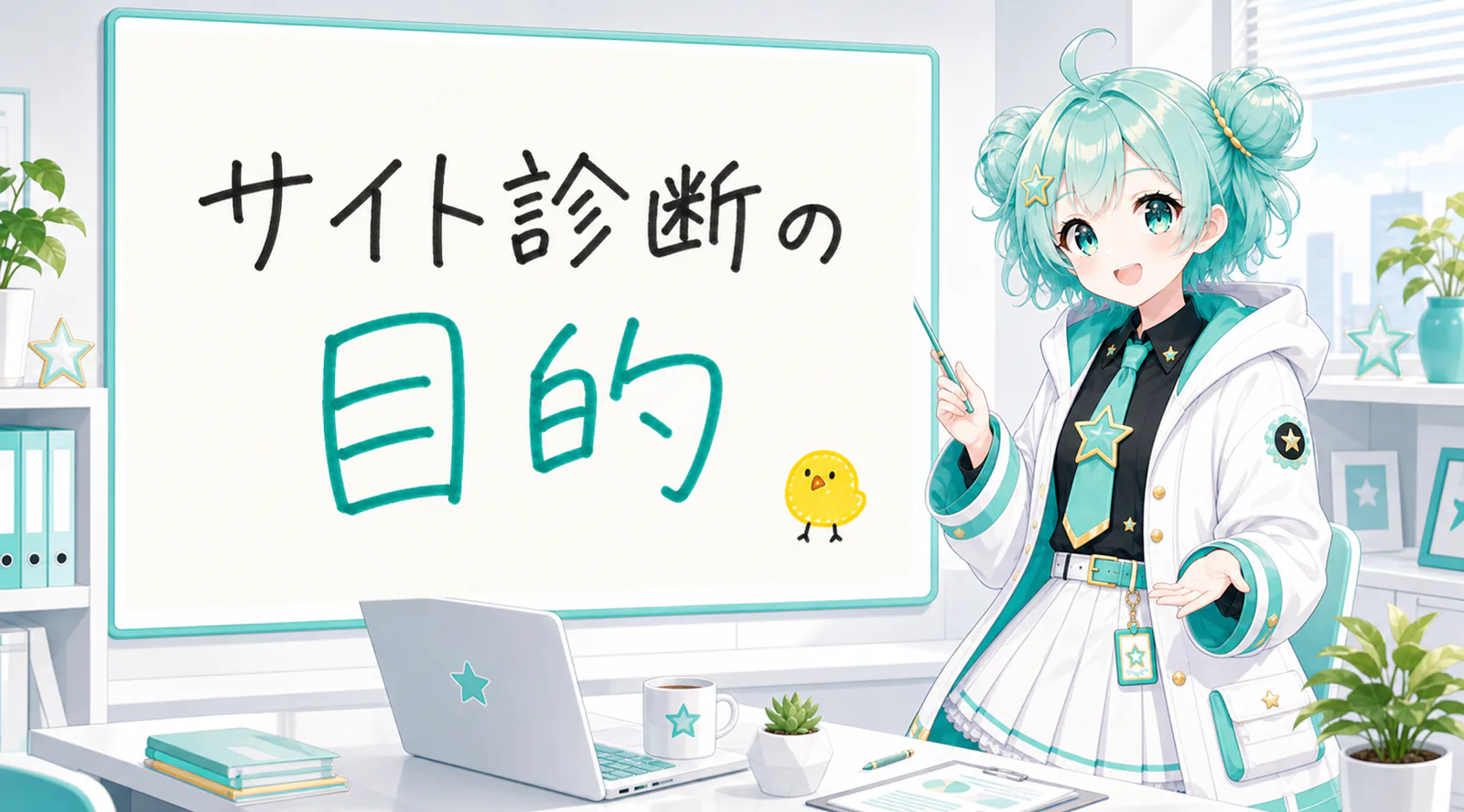 「サイト診断の目的」と手書きされたホワイトボードを指す公式キャラクターと、ひよこの落書き