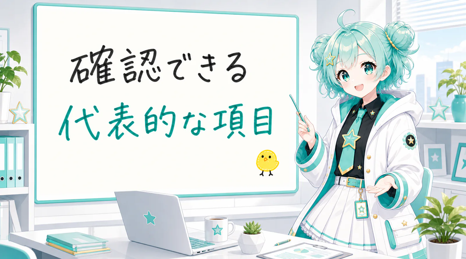 「確認できる代表的な項目」と手書きされたホワイトボードを指す公式キャラクターと、ひよこの落書き