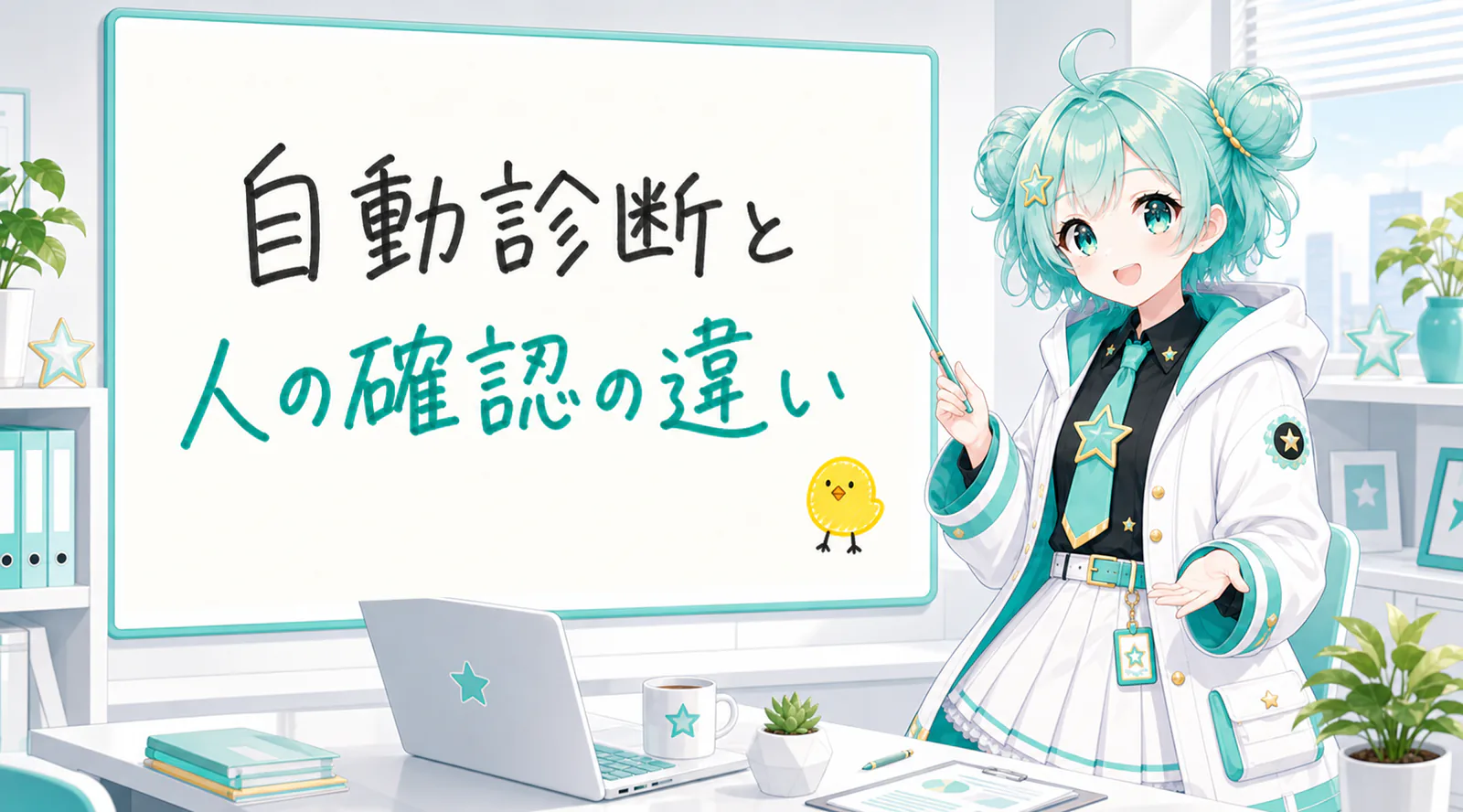 「自動診断と人の確認の違い」と手書きされたホワイトボードを指す公式キャラクターと、ひよこの落書き