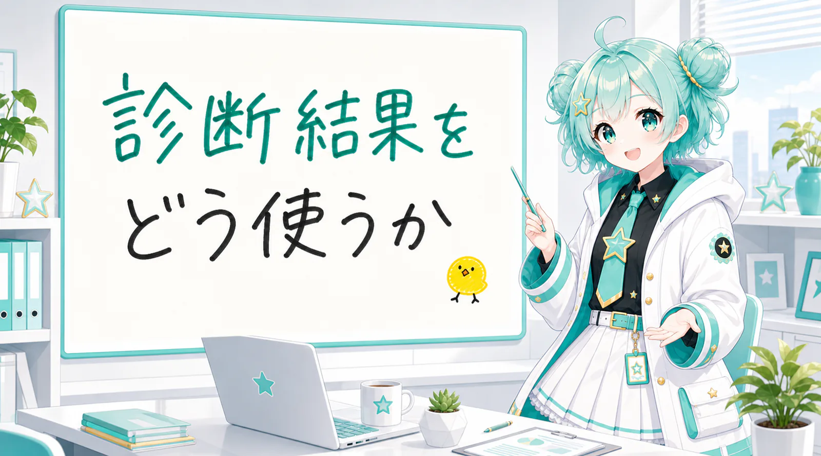 「診断結果をどう使うか」と手書きされたホワイトボードを指す公式キャラクターと、ひよこの落書き