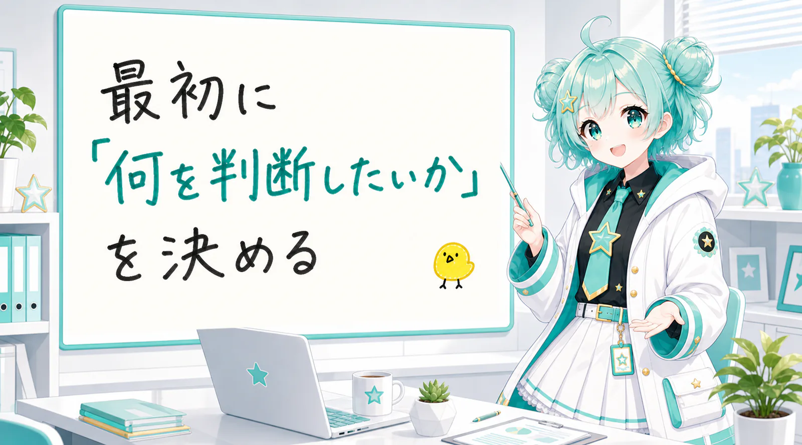 「最初に『何を判断したいか』を決める」と手書きされたホワイトボードを指す公式キャラクターと、ひよこの落書き
