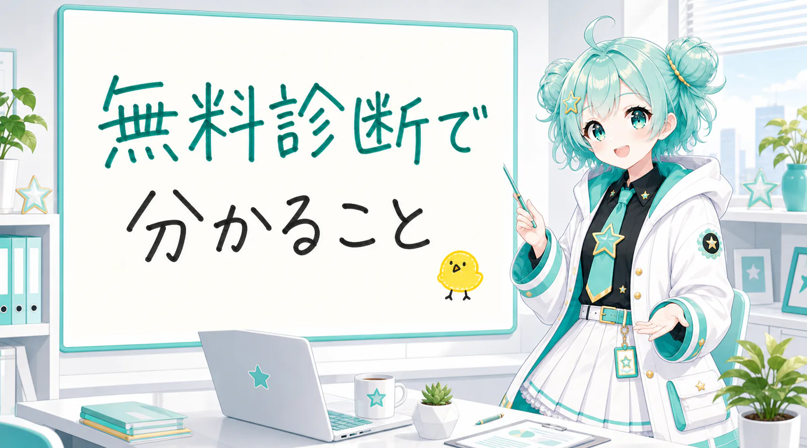 「無料診断で分かること」と手書きされたホワイトボードを指す公式キャラクターと、ひよこの落書き