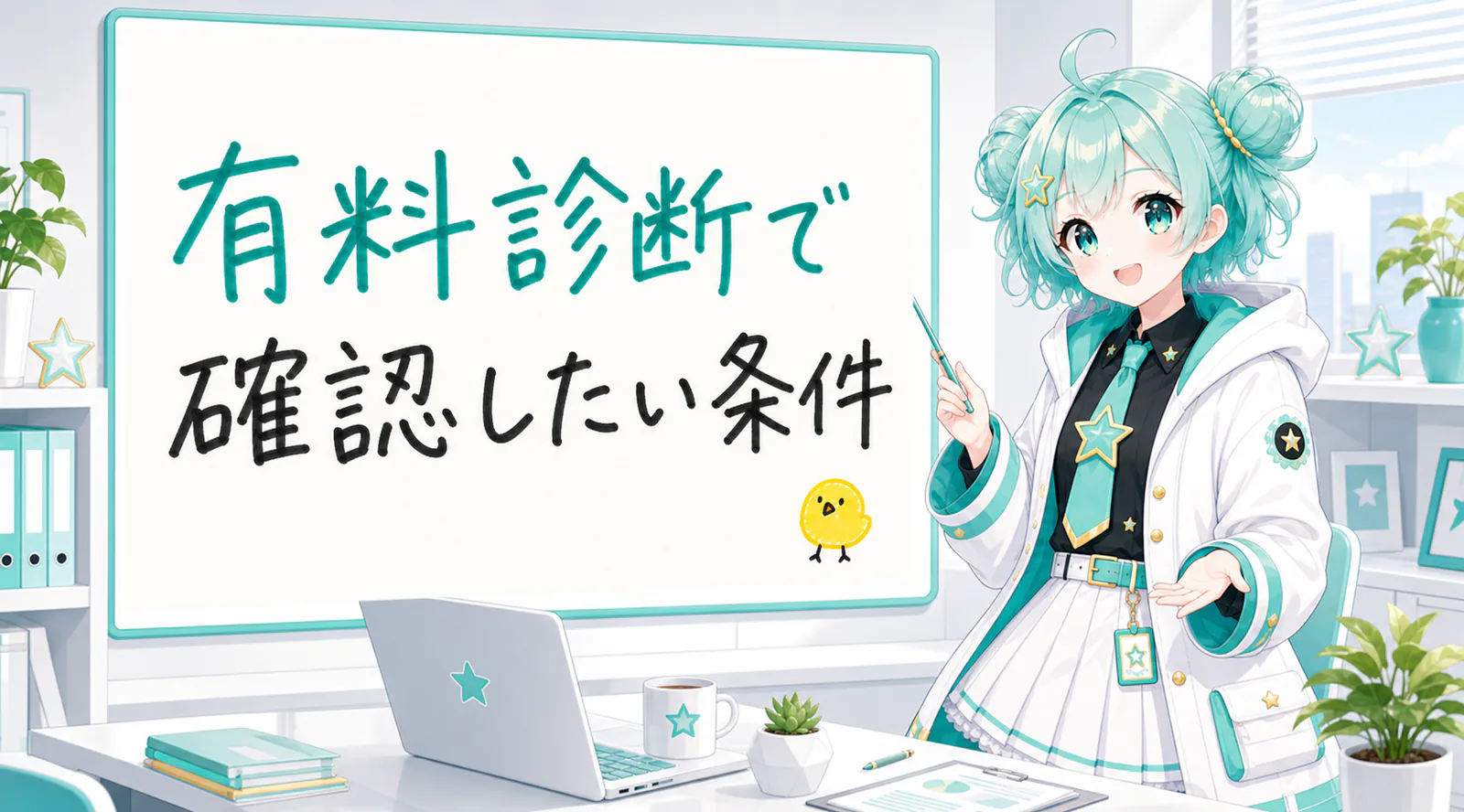 「有料診断で確認したい条件」と手書きされたホワイトボードを指す公式キャラクターと、ひよこの落書き