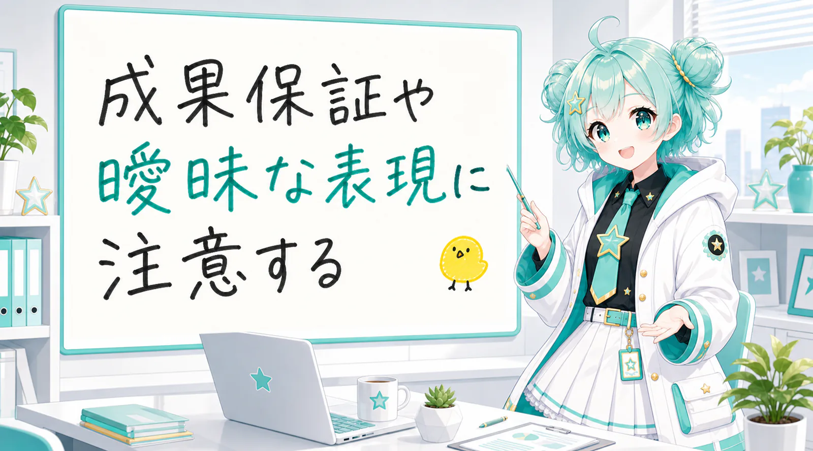 「成果保証や曖昧な表現に注意する」と手書きされたホワイトボードを指す公式キャラクターと、ひよこの落書き
