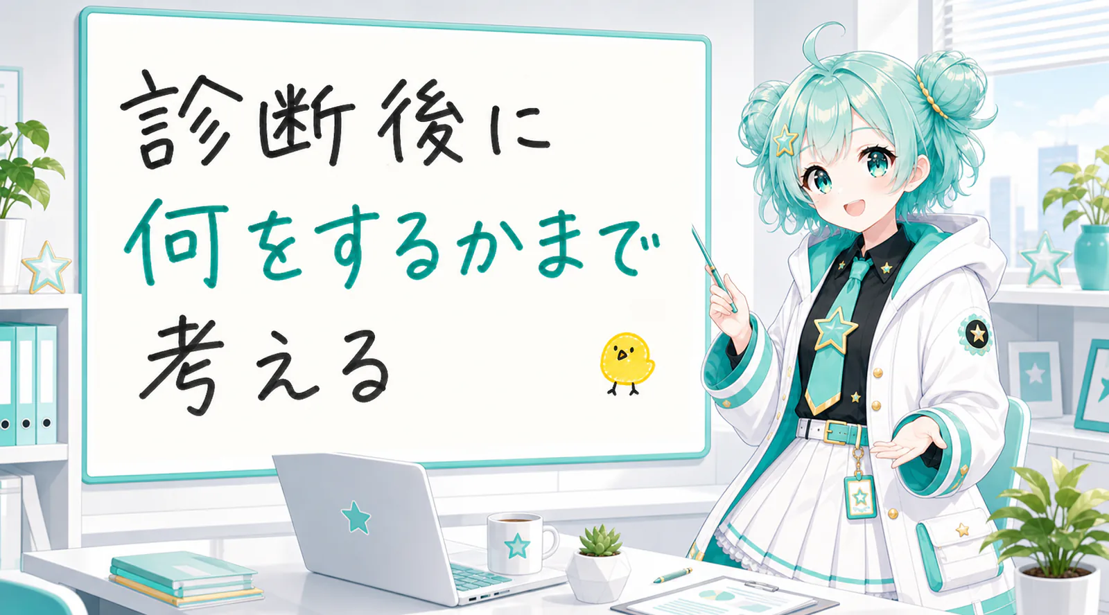 「診断後に何をするかまで考える」と手書きされたホワイトボードを指す公式キャラクターと、ひよこの落書き