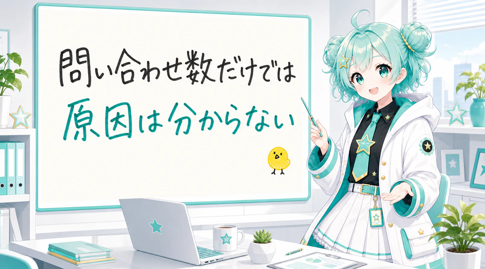 「問い合わせ数だけでは原因は分からない」と手書きされたホワイトボードを指す公式キャラクターと、ひよこの落書き