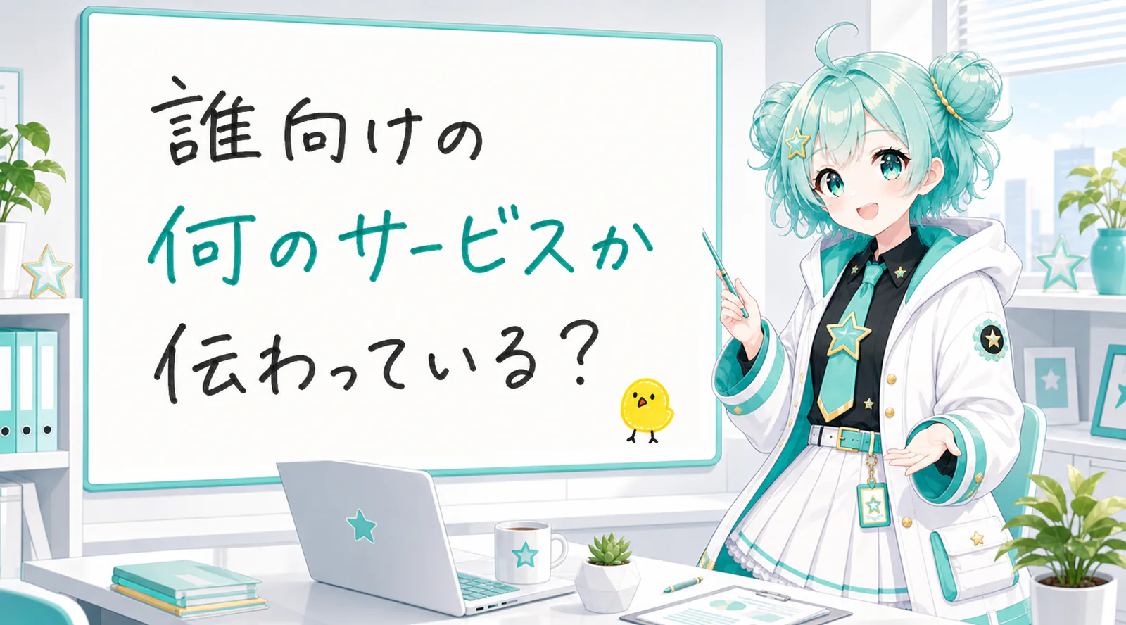 「誰向けの何のサービスか伝わっている？」と手書きされたホワイトボードを指す公式キャラクターと、ひよこの落書き